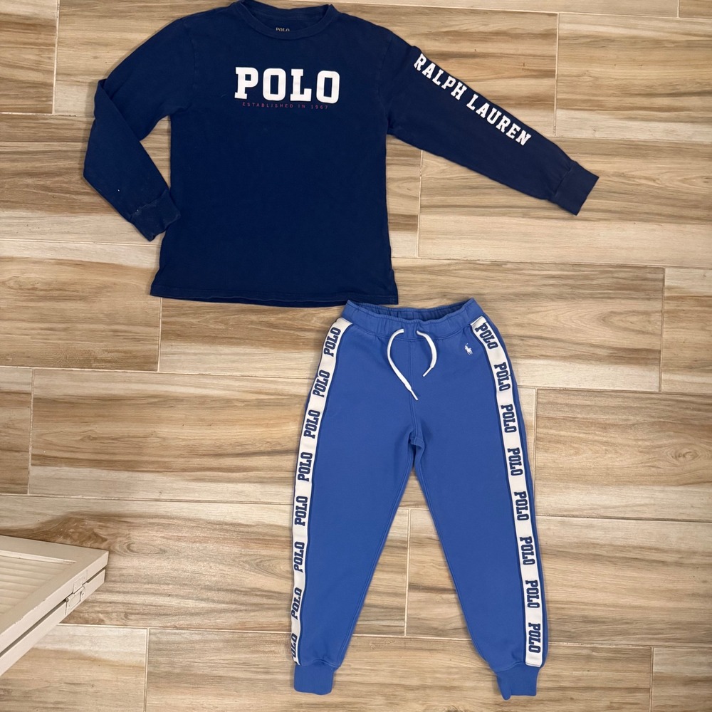 Polo Ralph Lauren Boys Navy Blue Long Sleeve Shirt and Joggers Set Size M 8-12